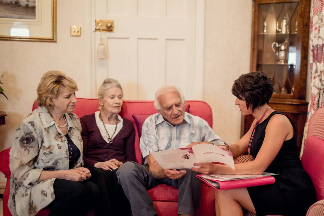 Family discussing future care at home with adviser, representing planning ahead for live-in care